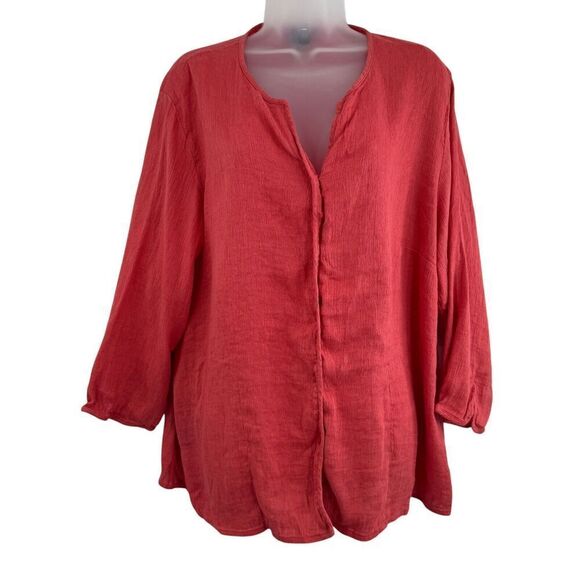 Eileen Fisher System Size 2X Collarless Button Shirt Coral Red Boxy Linen Cotton - Picture 7 of 11